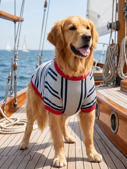 Yacht Club Marin Çizgili  Orta ve Büyük Irk Köpek Tişörtü | Lacivert Kırmızı Yazlık Köpek Kıyafeti ürün görseli 1