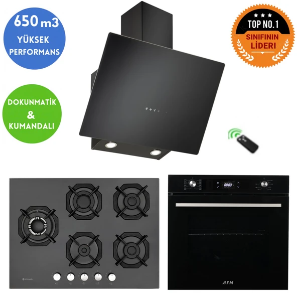 Eminçelik ve AFM TECH Marka HT 5 Gözlü 1'WOK Siyah Ankastre Set (22 385 Y  +FM7700 +CH 1460 RC B60) ürün görseli 1