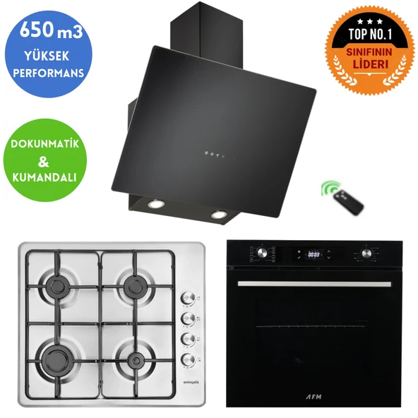 Eminçelik ve AFM TECH Markalı / XEN Emaye İnox Siyah Ankastre Set (31 220 + FM7700+CH 1460  RC B60) ürün görseli 1