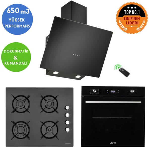 Eminçelik ve AFM Tech Markalı/ Nexa Siyah Cam Turbo  Ankastre Set ( FM7700+12 225 +CH 1460 RC B60) ürün görseli 1