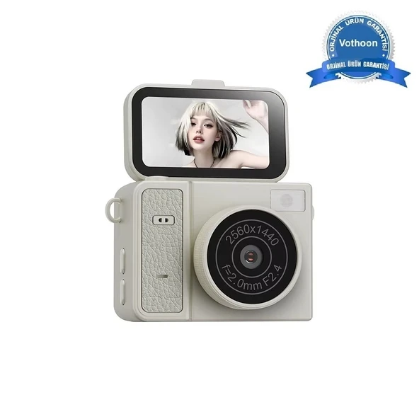 2k Mini Dijital Retro Video Kamera Flaşlı Dijital Vlog Mini Fotoğraf Makinesi Türkçe Menü Bej ürün görseli 1