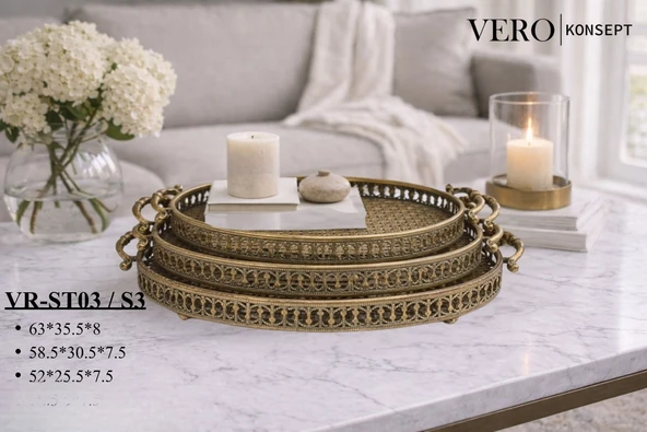 Vero Konsept Antik Gold 3 lü Oval Ferforje Tepsi Seti VR-ST03 - Vintage Sunum ve Dekorasyon ürün görseli 1