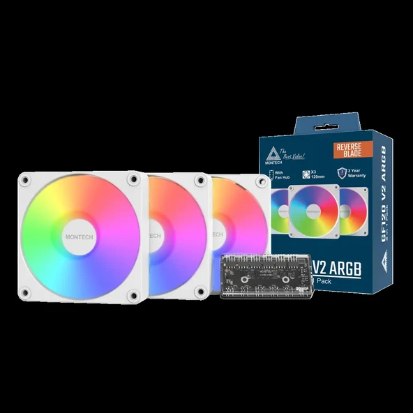 GF120R V2 ARGB Beyaz REVERSE BLADE PWM Hidrolik Rulman Fanı 3lü Paket+Kontrolcu ürün görseli 1