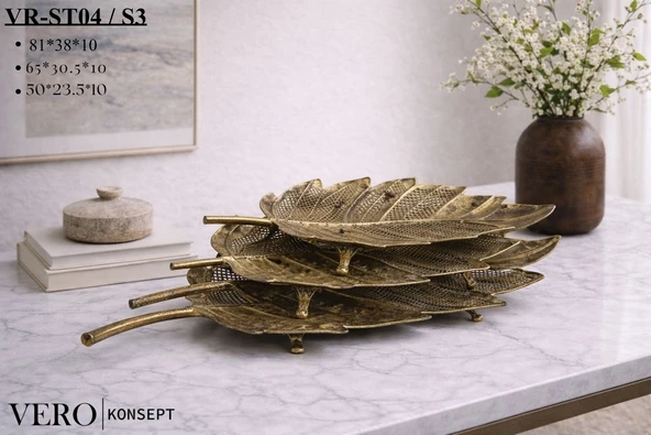 Vero Konsept Antik Gold Yaprak Formlu 3 lü Dekoratif Tepsi Seti VR-ST04 - Şık Sunum ürün görseli 1