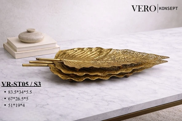 Vero Konsept Lüks Antik Gold 3 lü Yaprak Tasarım Sunum Seti VR-ST05 - Ferforje Tepsi Takımı ürün görseli 1