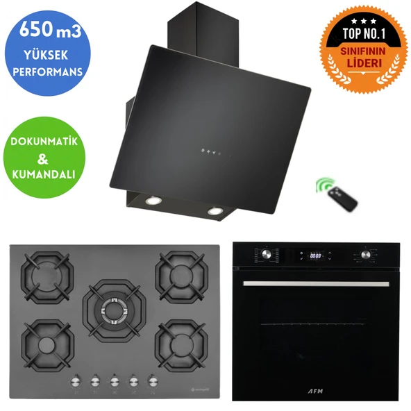 Eminçelik ve AFM TECH Marka FLUX 5 Gözlü 1'WOK Siyah Ankastre Set (22 385  +FM7700 +CH 1460 RC B60) ürün görseli 1