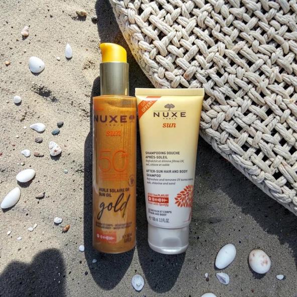 Nuxe Sun Gold Işıltı 150 ml 50 Faktör Bronzlaştırıcı Yağ - After Sun Saç ve Vücut Şampuanı 100 ml. HEDİYE ürün görseli 1