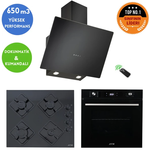 Eminçelik ve AFM Tech Markalı / Softe Siyah Cam Ankastre Set ( FM7700 + FM-BD2200 + CH 1460 RC B60) ürün görseli 1