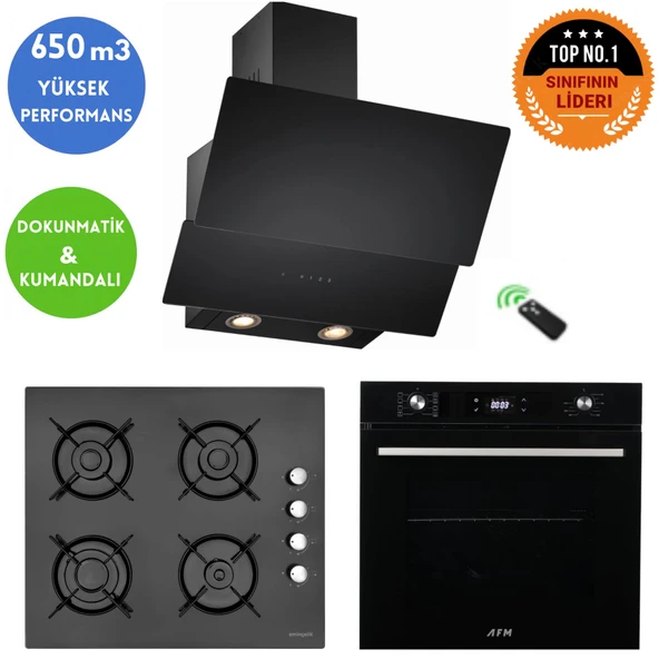 Eminçelik ve AFM Tech Markalı/ ONDO Siyah Cam Turbo Ankastre Set ( FM7700+12 225 +CH 1454 RC B60) ürün görseli 1