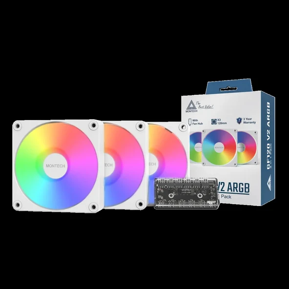 GF120 V2 ARGB Beyaz PWM Hidrolik Rulman Fanı 3lü Paket+Kontrolcu ürün görseli 1
