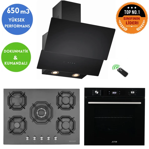 Eminçelik ve AFM TECH Marka FİVE 5 Gözlü 1'WOK Siyah Ankastre Set (22 385  +FM7700 +CH 1454 RC B60) ürün görseli 1