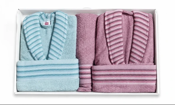 TAÇ PURE COTTON ALVİN GÜL KURUSU CAM GÖBEĞİ AİLE SETİ BORNOZ TAKIMI ürün görseli 1