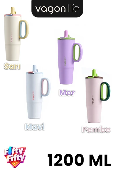 Tumbler 1200 ML Tek Kapak Çift Kullanım Pipetli Rahat İçim Kulplu Paslanmaz Çelik TermosFFVGN1114-1200ML ürün görseli 1