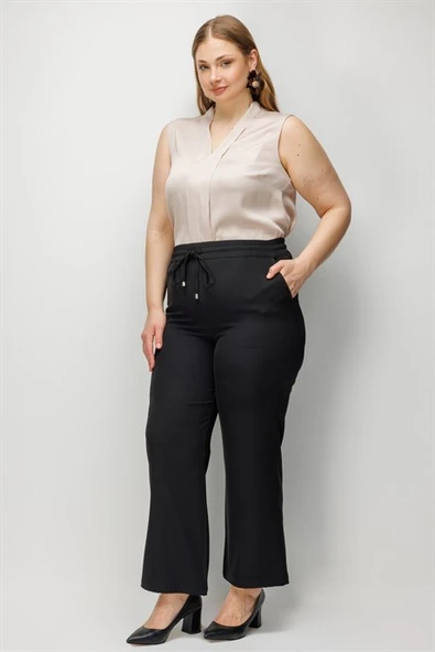 Beli Bağcıklı Bol Paça Pantolon Siyah 4126-2Y6 ürün görseli 1