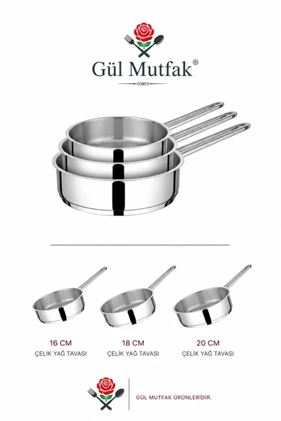 3'Lü Yağ Tava Paslanmaz Çelik 16 CM -18 CM -20 CM ürün görseli 1