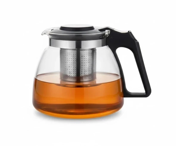 Süzgeçli Cam Demlik 1100 ml Siyah Kulplu ürün görseli 1
