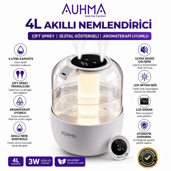 AUHMA APH-08 4L Akıllı Nemlendirici Çift Sprey Dijital Göstergeli Aromaterapi Uyumlu Sessiz Buhar Makinesi ürün görseli 1