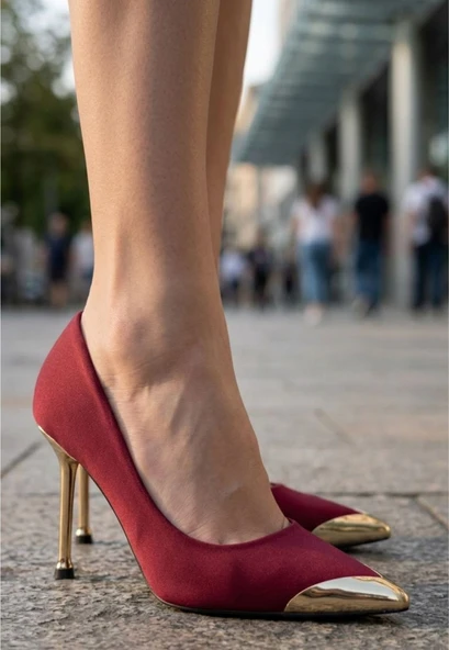 Norji Bordo Saten Stiletto Ayakkabı ürün görseli 1