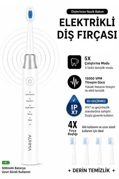 Şarjlı Diş Fırçası 4 Başlık 5 Modlu Elektrikli Diş Temizleme Fırçası Titreşimli 500mAh Şarjlı IPX7 ürün görseli 1