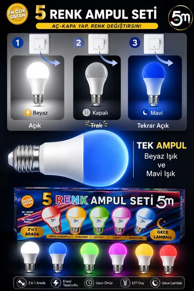 5 ADET Çocuk Odası Gece Lambası Akıllı Gece Lambalı Led Ampul 11w Beyaz +Renkler Tasarruflu Çift Mod ürün görseli 1