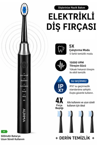 Şarjlı Diş Fırçası 4 Başlık 5 Modlu Elektrikli Diş Temizleme Fırçası Titreşimli 500mAh Şarjlı IPX7 ürün görseli 1