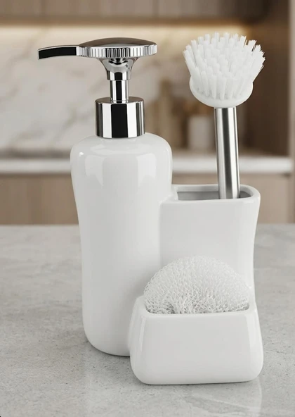 Porselen Tezgah Üstü Fırçalı Süngerli Sıvı Sabunluk Takımı 550 ml beyaz ürün görseli 1
