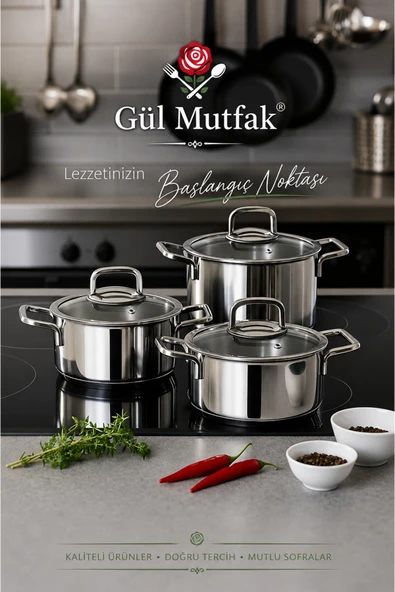 6 Parça Tencere Seti Cam Kapak Paslanmaz Çelik 16-18-20 Cm ürün görseli 1