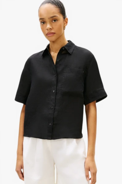 Tommy Hilfiger   ESS LINEN SS SHIRT Kadın Siyah KK Gömlek - WW0WW48925 ürün görseli 1