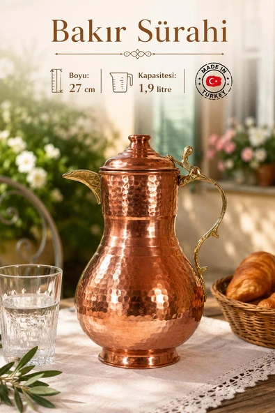 El Yapımı Dövme Bakır Sürahi 1,9 Litre – Kalaylı İç Yüzey, El Dövmesi, Gaziantep Üretimi, 27 cm ürün görseli 1