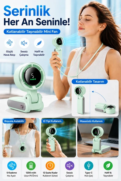 Yeşil Taşınabilir Mini Fan Katlanabilir Boyuna Asılabilir USB Şarjlı Sessiz El Tipi Vantilatör ürün görseli 1
