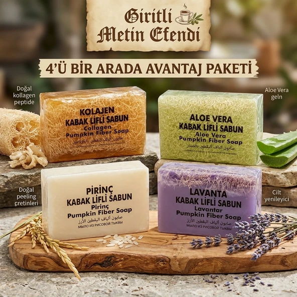 Giritli Metin Efendi Doğal Kabak Lifli Sabun Seti - 4'lü Avantaj Paketi (Kolajen, Aloe Vera, Pirinç, Lavanta) ürün görseli 1