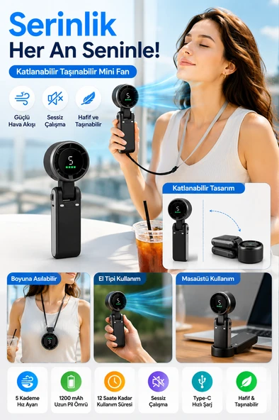 Siyah Taşınabilir Mini Fan Katlanabilir Boyuna Asılabilir USB Şarjlı Sessiz El Tipi Vantilatör ürün görseli 1