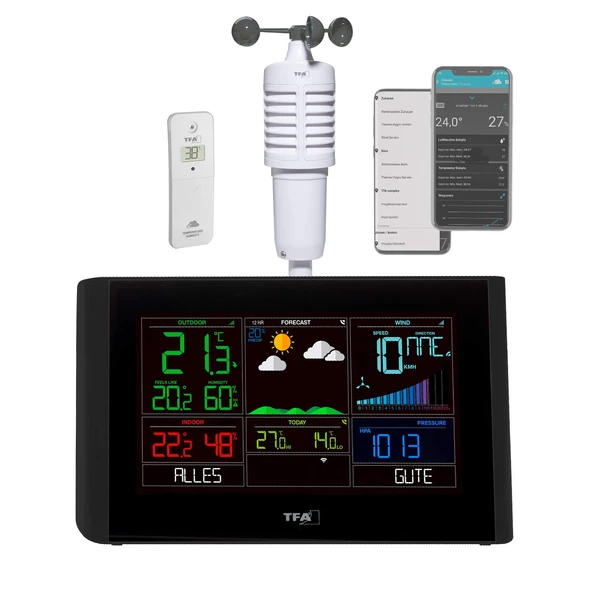 TFA Dostmann WLAN meteoroloji istasyonu Breeze, 35.8001.01, anemometre, profesyonel hava durumu tahmini, ücretsiz View uygulaması, barometre, ayarlanabilir alarmlar, çiğ noktası, siyah ürün görseli 1