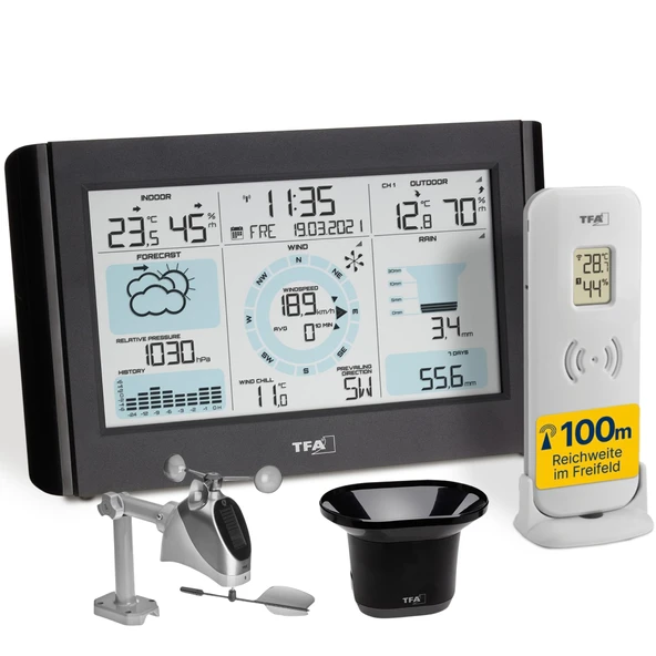 TFA Dostmann radyo hava durumu istasyonu WEATHER PRO 35.1161.01, rüzgar yönü ve kuvveti ile rüzgar ölçer,degrade grafikli yağmur ölçer,sembollerle hava tahmini, hava basıncı ekranı, radyo saati, siyah ürün görseli 1