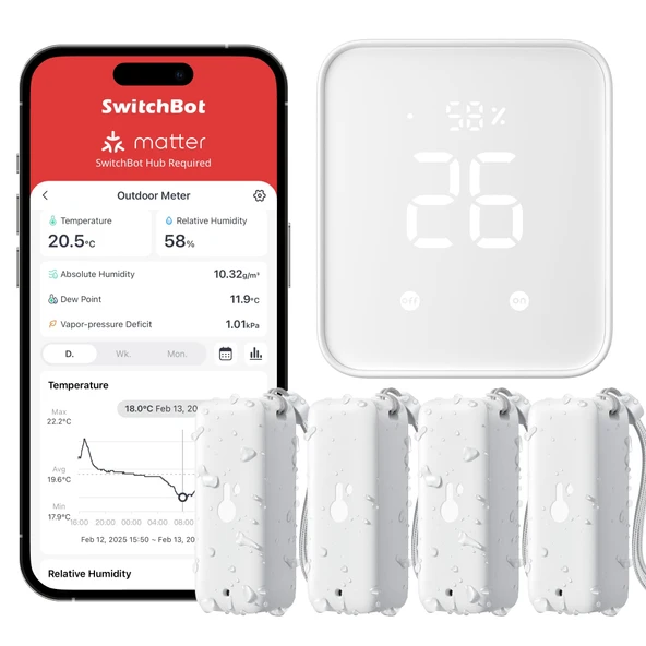 SwitchBot Madde Termometresi Higrometre İç ve Dış Mekan 4'lü Paket, Hub2, IP65 Su Geçirmez Sıcaklık ve Nem Sensörü, Apple Home, Alexa, GoogleHome, IFTTT ile uyumlu ürün görseli 1