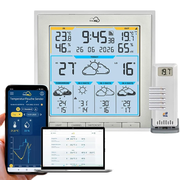 TFA 35.8105 WLAN radyo hava durumu istasyonu TFA.me ID-08 hava tahmini wetter.com 5 günlük hava durumu sembolleri, UV indeksi, yağmur miktarı, rüzgar hızı, rüzgar yönü (pillerle birlikte beyaz) ürün görseli 1