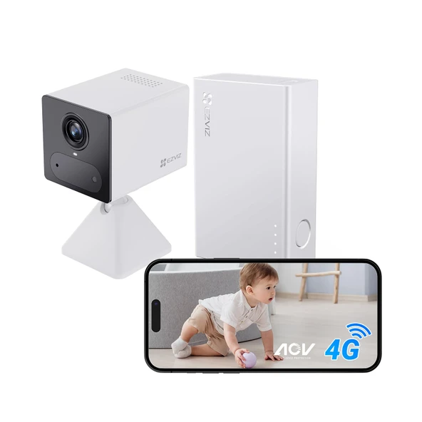 EZVIZ CB2 4G, Power Partner 5200 mAh pil, 4G LTE iç mekan gözetleme kamerası, geniş bekleme, CB2 kiti beyaz ürün görseli 1