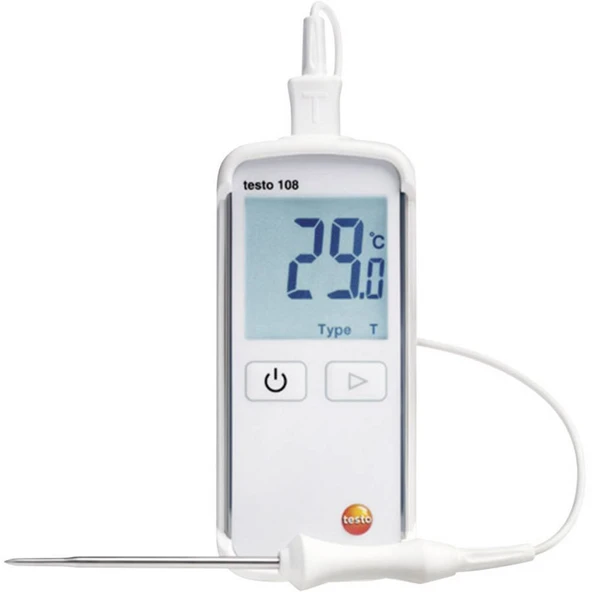 Testo 0563 1080 108 su geçirmez sıcaklık ölçüm cihazı (T ve K tipi), T tipi termokupl probu dahil, yumuşak kutu ve kalibrasyon raporu, beyaz ürün görseli 1