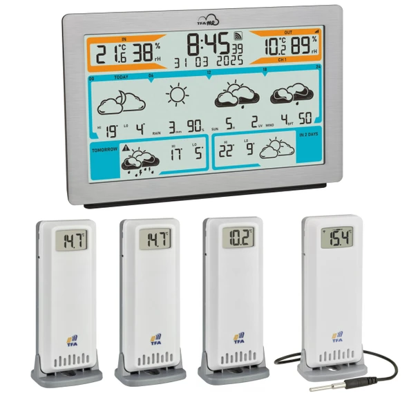 TFA Dostmann WLAN hava durumu istasyonu TFA.me ID-02, 35.8100.54.99 wetter.com'dan 3 ila 6 günlük özel, profesyonel hava durumu tahmini, çevrimiçi portal, 4 kablosuz dış mekan sensörü ürün görseli 1