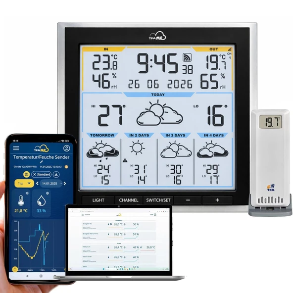 TFA 35.8105 WLAN radyo hava durumu istasyonu TFA.me ID-08 Hava durumu wetter.com 5 günlük hava durumu sembolleri, UV indeksi, yağmur miktarı, rüzgar hızı, rüzgar yönü (siyah çizgi) ürün görseli 1