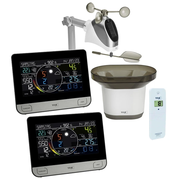 TFA Dostmann meteoroloji istasyonu WLAN View PRO 35.8003.Plus, 2 renkli ekranlı, dış mekan sensörü rüzgar/sıcaklık/nem, yağmur ölçerli, hava basıncı,hava tahmini dahil, dijital, siyah ürün görseli 1
