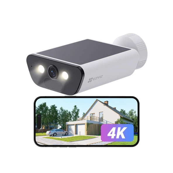 EZVIZ 4K pilli gözetleme kamerası, 10400mAh pil, dahili 1,4W güneş panelli kablosuz dış mekan kamerası, AI kişi ve araç algılama, iki yönlü ses, WiFi 6'yı destekler, hava koşullarına dayanıklı, CB5 ürün görseli 1