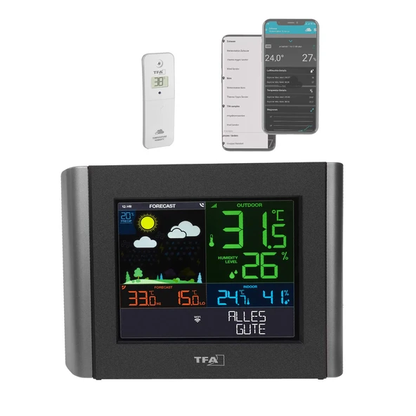TFA Dostmann WLAN meteoroloji istasyonu Meteo, 35.8000.01, profesyonel hava durumu tahmini, ücretsiz görüntüleme uygulaması, ayarlanabilir alarmlar, çiğ noktası, ısı indeksi, siyah ürün görseli 1