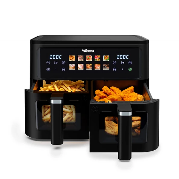 Tristar çift sepetli sıcak hava fritözü, 9 L toplam kapasite, 2500W, 10 program, dijital kontrol, görüntüleme penceresi, PFAS içermez, zamanlayıcı ve sıcaklık ayarlanabilir, FR-9075 ürün görseli 1