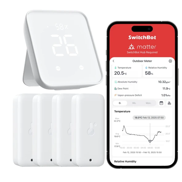 SwitchBot Termometre Higrometre İç Mekan 4 Paketi, Hub2, WiFi ve Bluetooth Dış Mekan Termometresi Nem Ölçer, Uygulama Bildirimleri, Apple Home, Alexa, GoogleHome, IFTTT ile uyumlu ürün görseli 1