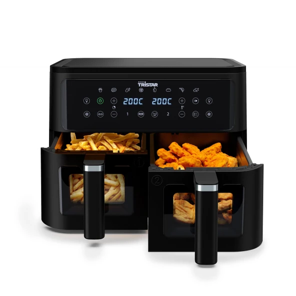 Tristar çift sepetli sıcak hava fritözü, 9 L kapasite, 10 program, senkronizasyon fonksiyonu, dijital ekran, görüntüleme penceresi, PFAS içermez, yağsız sağlıklı kızartma, 2500W, FR-9429 ürün görseli 1