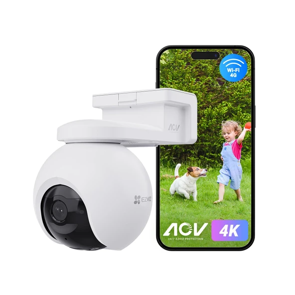 EZVIZ 4K kablosuz dış mekan kamerası, 10400mAh pil, AI kişi ve araç algılama özelliğine sahip PT pilli kamera, otomatik izleme, aktif savunma, iki yönlü ses, 4G/WiFi desteği, EB8 Pro ürün görseli 1