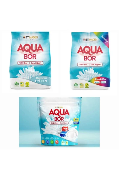 AQUABOR DOĞAL MİNERALLİ ÇAMAŞIR DETERJANI RENKLİLER +BEYAZLAR İÇİN +BULAŞIK TABLETİ 30 KAPSÜL ürün görseli 1