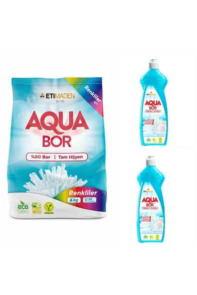 AQUABOR DOĞAL MİNERALLİ RENKLİLER İÇİN ÇAMAŞIR DETERJANI 6 KG + 2ADET ELDE YIKAMA BULAŞIK DETERJAN ürün görseli 1
