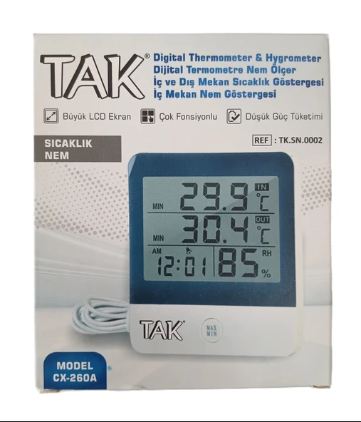 Dijital Termometre ve Nem Ölçer  İç ve Dış Mekan Sıcaklık Göstergeli Saatli Termohidrometre ürün görseli 1